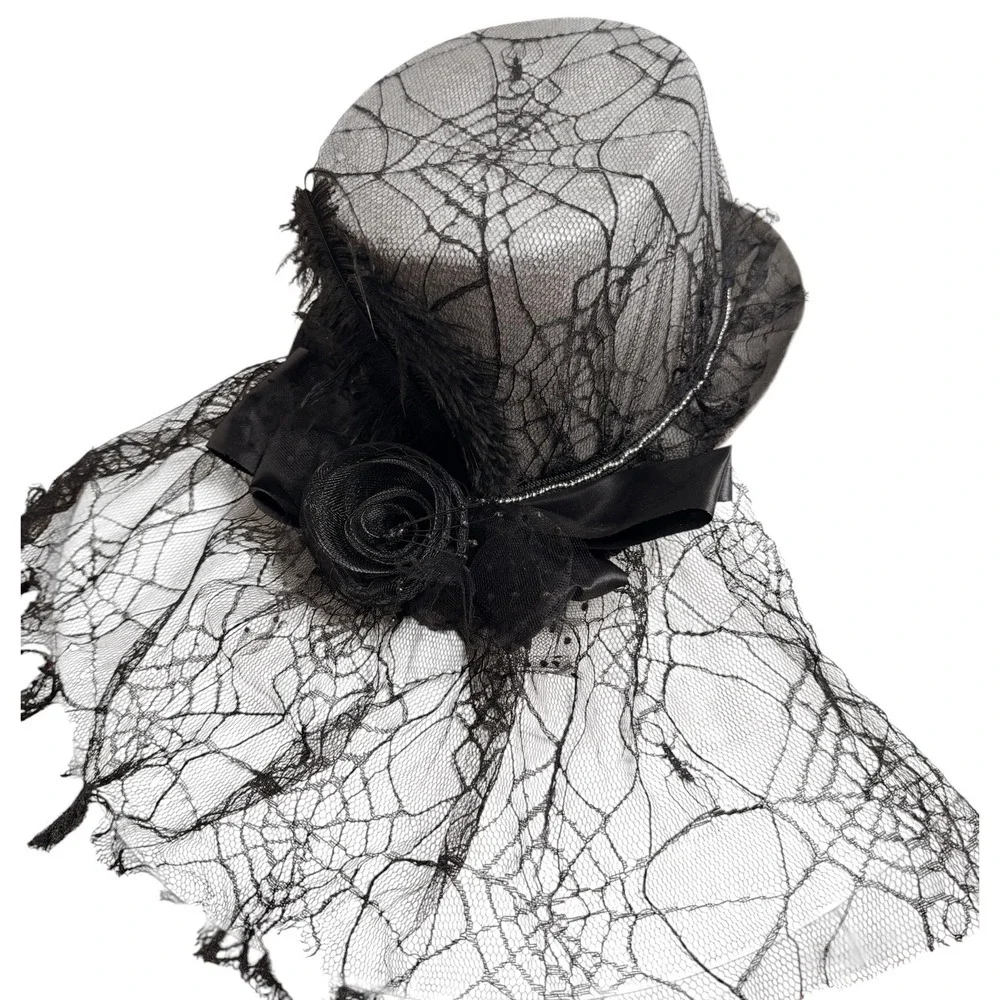 Gothic Victorian Gray Top Hat Black Lace Veil Feather Fascinator S/M
